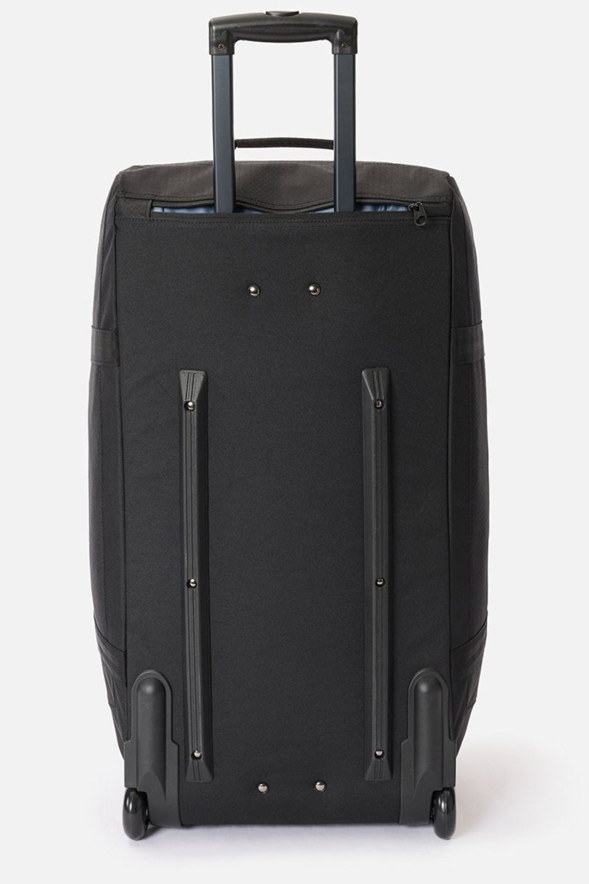 The Rip Curl Jupiter 80L travel bag in black stands upright on two inline skate wheels with an extended telescopic handle and reinforced corners, set against a plain white background.
