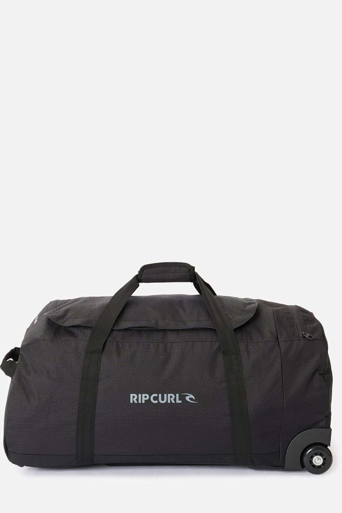 A large black Rip Curl Jupiter 80L travel bag with two handles, side strap, and inline skate wheels is displayed on a plain light background.