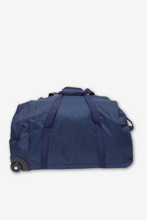 The Rip Curl Jupiter 80L Mixed Travel Bag, a large navy blue duffel bag with wheels and multiple handles, features a lightweight construction. Made from recycled polyester with reinforced straps, this sturdy bag boasts a spacious main compartment suitable for travel or sports use, and its wheels provide easy rolling for convenience.