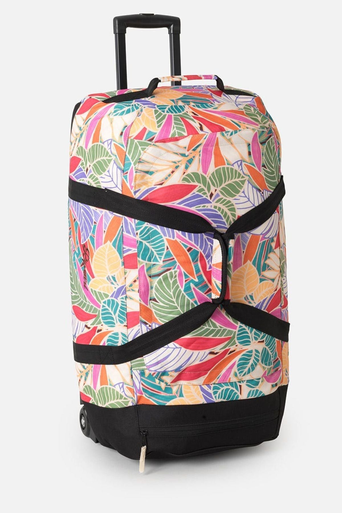 The Rip Curl Jupiter 80L Mixed Travel Bag is a colorful suitcase crafted from recycled polyester, showcasing a vibrant tropical leaf design in red, orange, green, and purple. It features black front straps, a black base, and an easy-to-use telescopic handle.