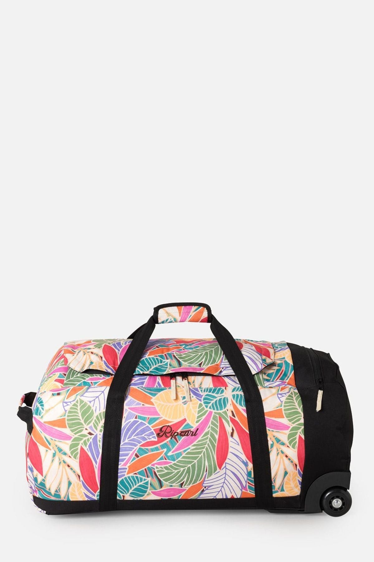 The Rip Curl Jupiter 80L Mixed Travel Bag is a colorful duffel with a tropical leaf design in red, green, orange, and blue on a white backdrop. Made from recycled polyester, it features black handles, a telescopic handle for easy wheeling, and a zippered front pocket.