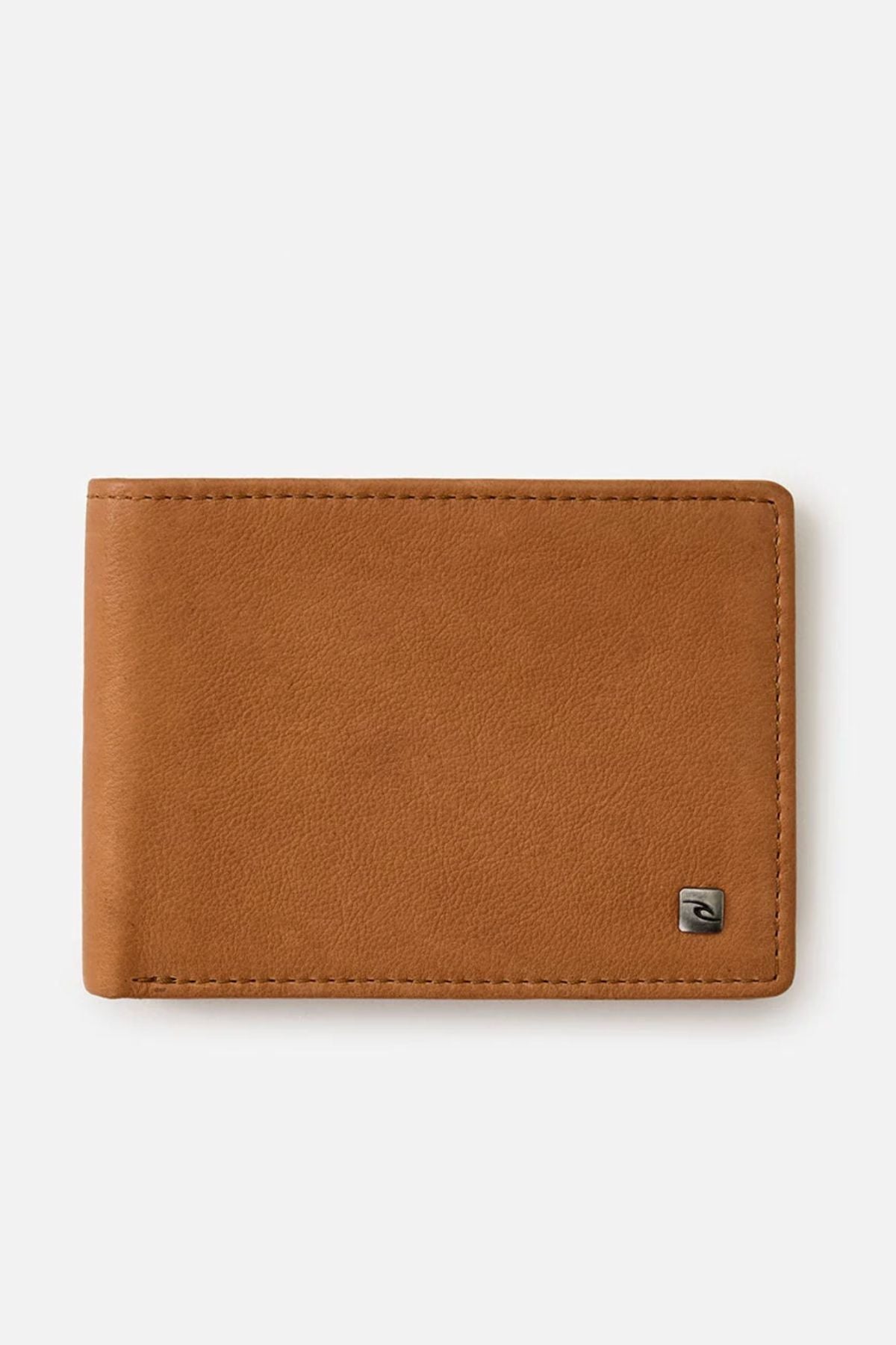 The Rip Curl K-Roo RFID Slim Wallet, crafted from tan kangaroo leather with a smooth finish, features a small metallic square logo at the bottom right and is shown on a plain white background.