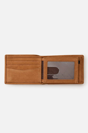 The Rip Curl K-Roo RFID Slim Wallet is shown open on a white background, featuring multiple card slots on the left and a transparent ID window with a card on the right.