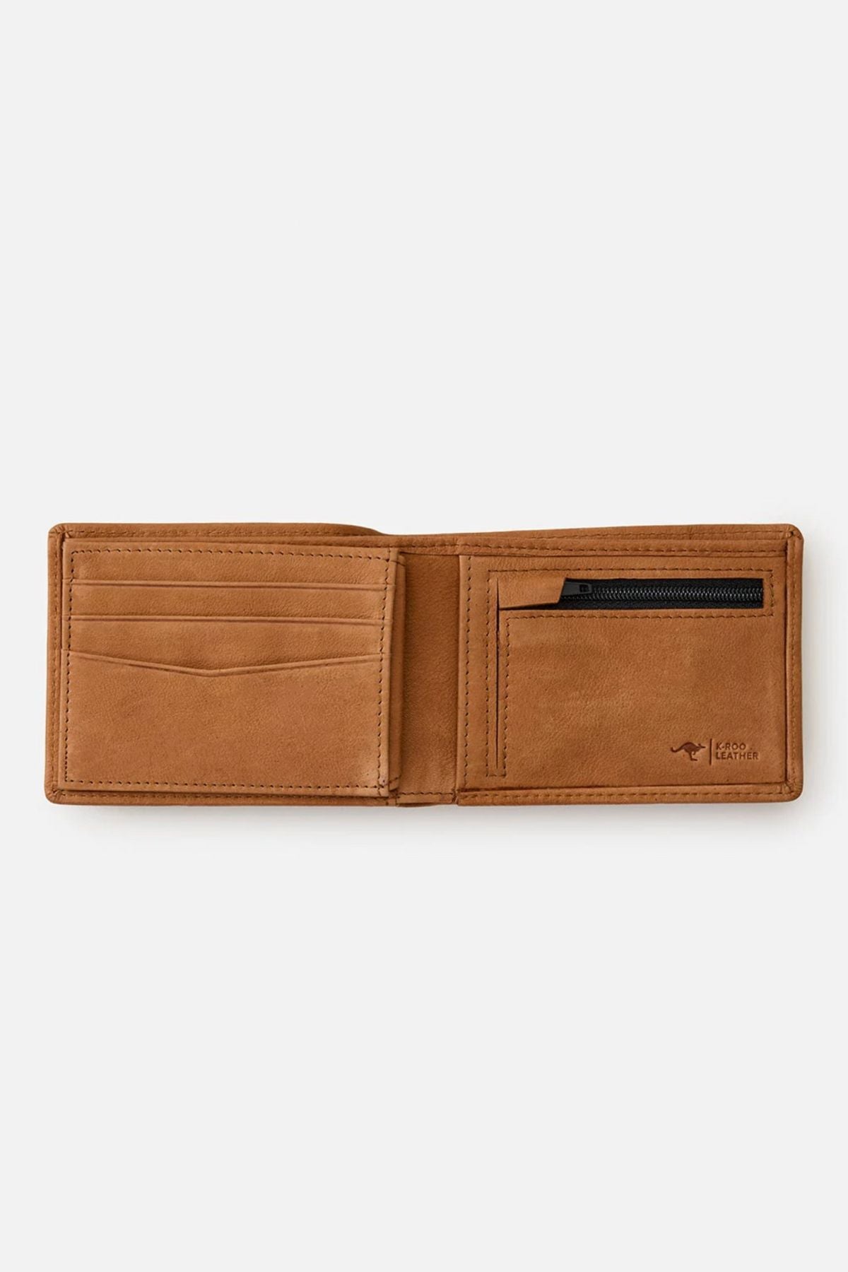 The Rip Curl K-Roo RFID Slim Wallet in tan is open, displaying card slots on the left and a zippered coin pocket on the right. The interior features visible stitching and a subtle embossed logo at the lower right.