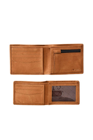 The Rip Curl K-Roo RFID 2 in 1 Wallet in brown features card slots, a zipped coin pouch, and an ID window on top, with extra card slots and an open bill section on the bottom.
