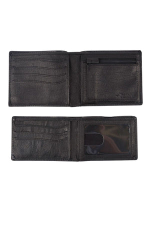 The Rip Curl K-Roo RFID Slim Wallet in black kangaroo leather is displayed from two perspectives. The top view shows the wallet open, revealing multiple card slots, RFID protection, and a zippered pocket. The bottom view emphasizes an ID window with a cutout designed for easy access.