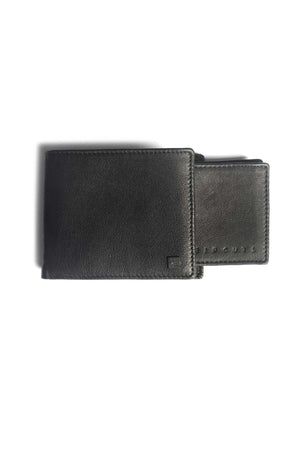 Against a plain white background, the Rip Curl K-Roo RFID Slim Wallet is displayed in sleek black Kangaroo leather. Its slim design includes a separate cardholder that is partially pulled out, highlighting its compact functionality and RFID protection.