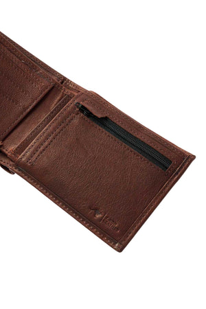 The Rip Curl K-Roo RFID Slim Wallet, made from high-quality kangaroo leather, is displayed partially open against a white background, revealing a zippered pocket on one side and card slots on the other.