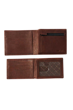 The Rip Curl K-Roo RFID Slim Wallet is crafted from open kangaroo leather and includes RFID protection. It features multiple card slots, a zippered coin pouch on the left side, and a transparent ID slot on the right. The wallet is displayed with both exterior and interior views.