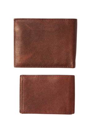 Two Rip Curl K-Roo RFID Slim Wallets made from brown kangaroo leather are showcased against a white background. The wallets are arranged vertically, with the top one slightly larger than the bottom. Both feature RFID protection and boast a smooth, polished finish.