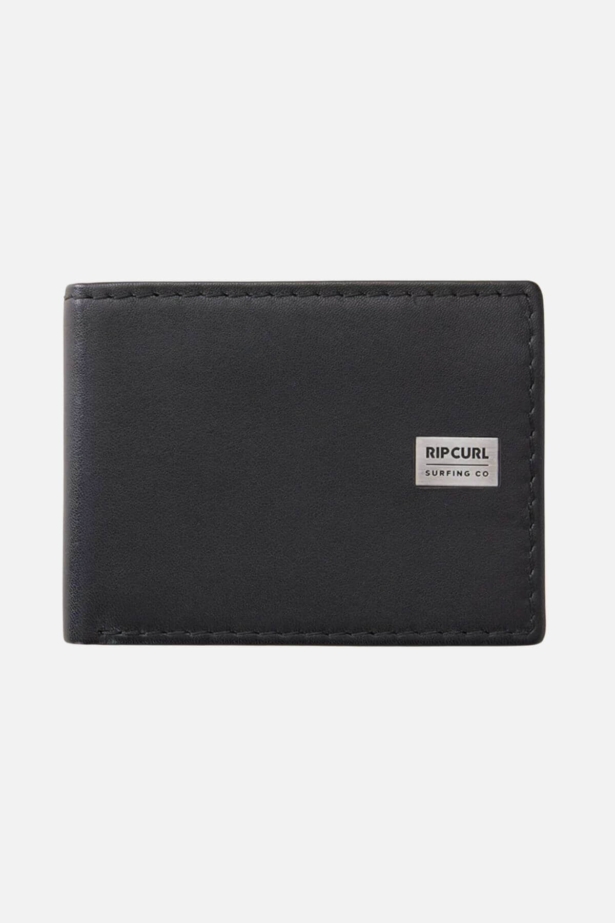 The Rip Curl Marked RFID All Day Wallet features sleek black sheep nappa leather with minimal design, a small metal plate reading "RIP CURL SURFING CO.", visible edge stitching showcasing craftsmanship, and RFID protection for enhanced security.