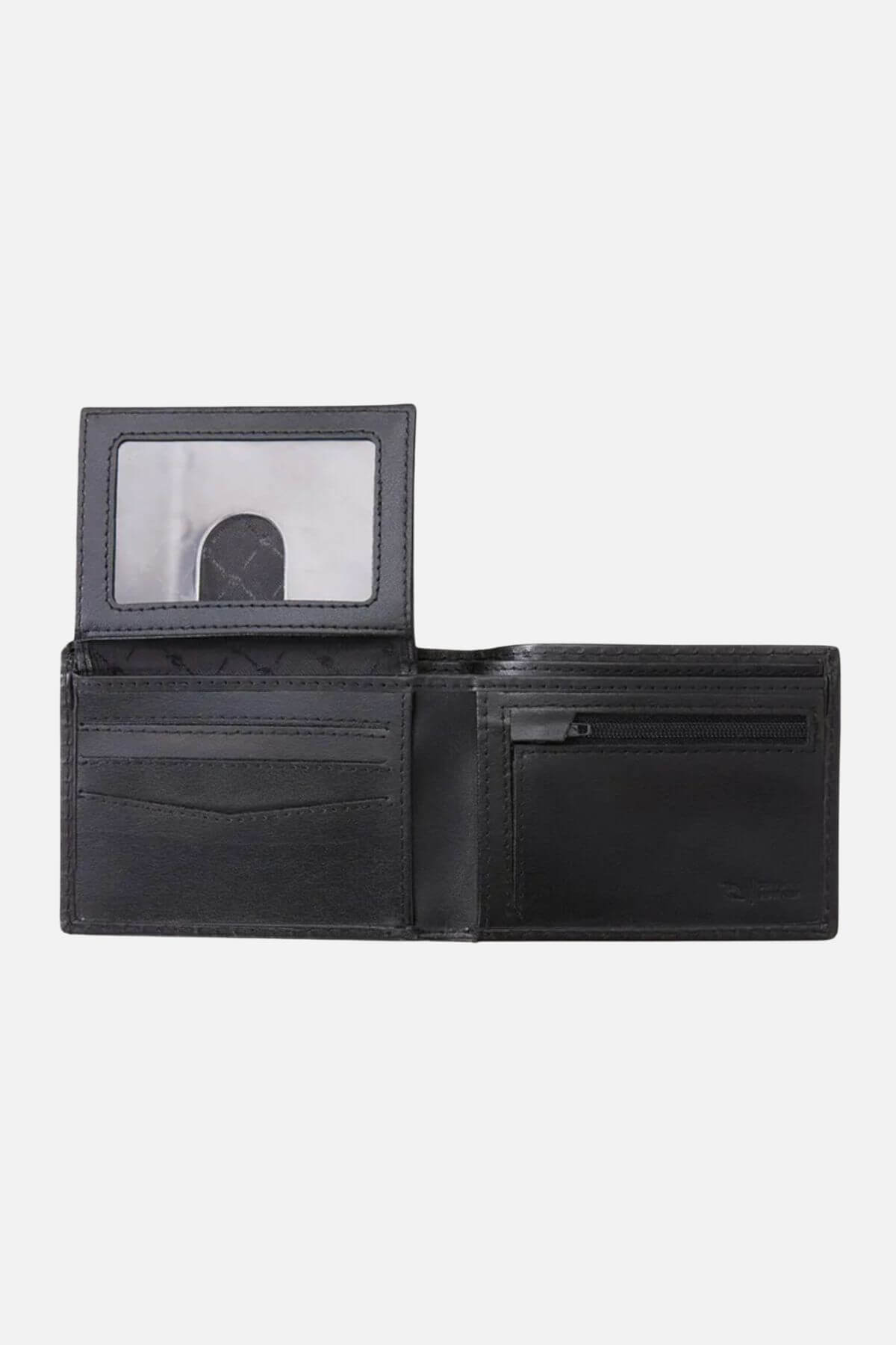 The Rip Curl Marked RFID All Day Wallet, made from black sheep nappa leather, features multiple card slots, a transparent ID slot, and a zippered pocket. It's elegantly placed against a plain white background.