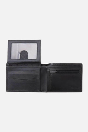 The Rip Curl Marked RFID All Day Wallet, made from black sheep nappa leather, features multiple card slots, a transparent ID slot, and a zippered pocket. It's elegantly placed against a plain white background.