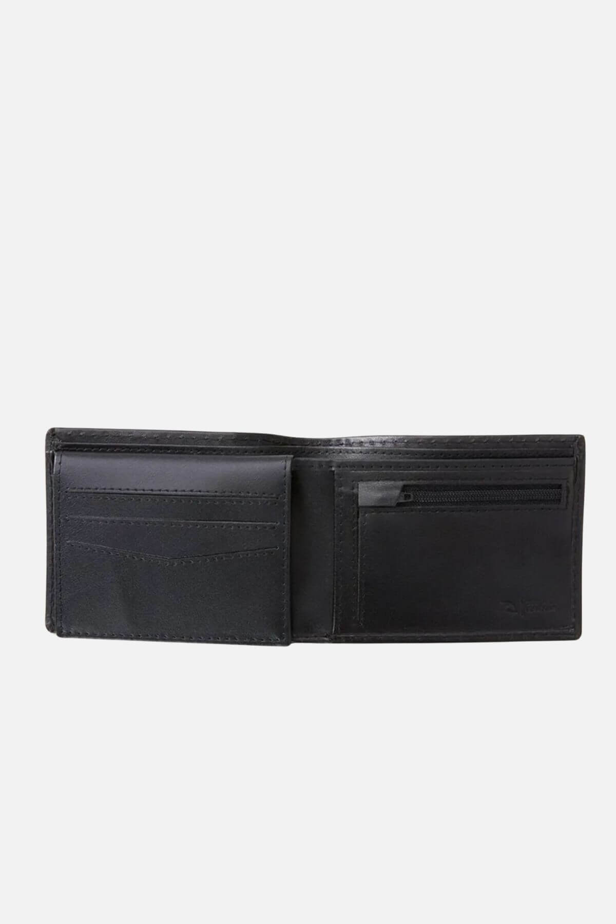 The Rip Curl Marked RFID All Day Wallet in luxurious black Sheep Nappa Leather is open on a white background, revealing multiple card slots and a right-side zippered pocket.