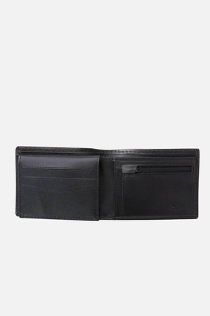 The Rip Curl Marked RFID All Day Wallet in luxurious black Sheep Nappa Leather is open on a white background, revealing multiple card slots and a right-side zippered pocket.