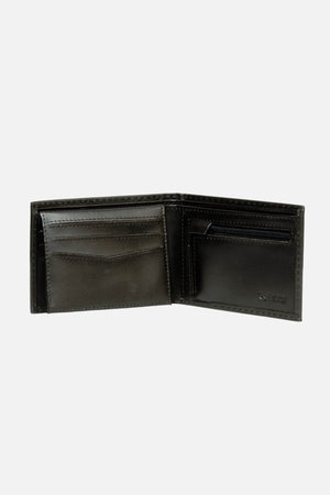The Rip Curl Marked RFID All Day Wallet, crafted from black Sheep Nappa Leather, features multiple card slots and a coin pocket, shown open against a plain white background.