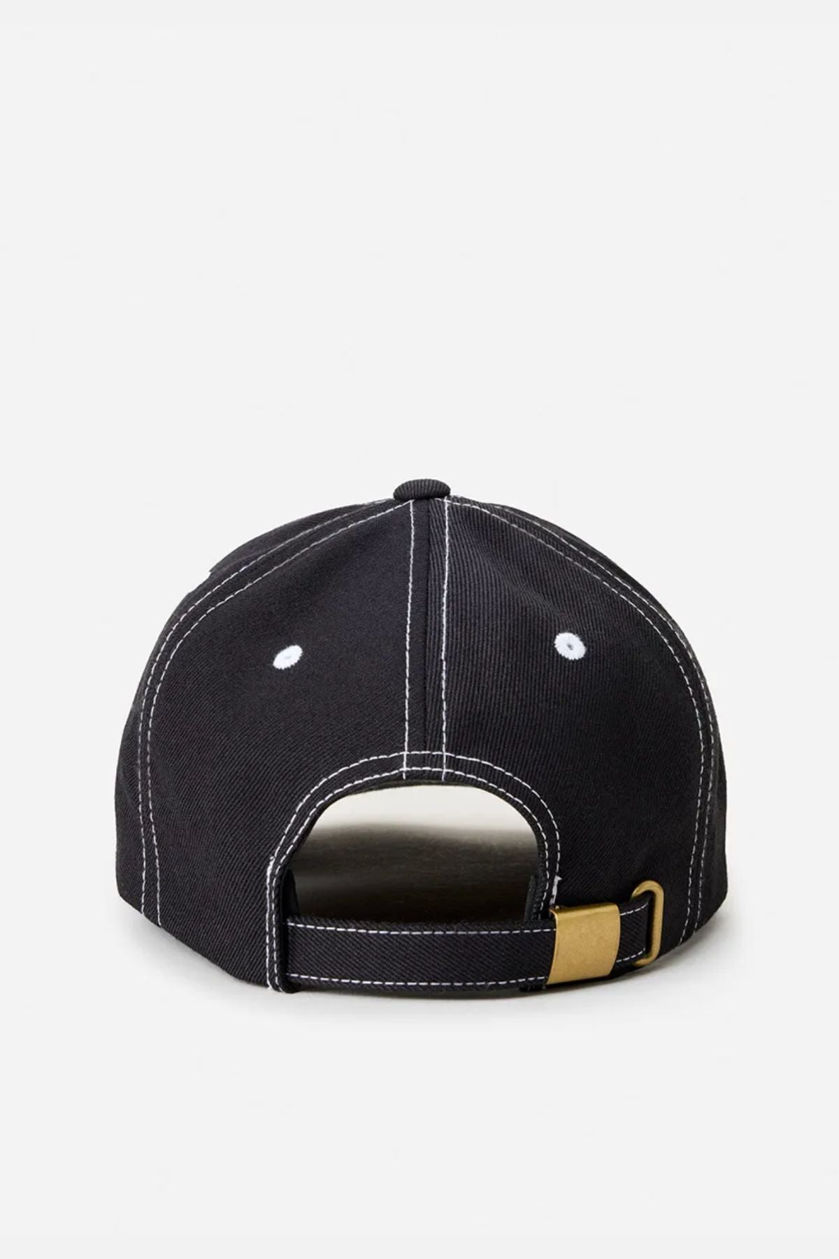 The Rip Curl Nu Dose Adj Cap in black features white stitching, two white ventilation eyelets, and an adjustable strap with a brass buckle. Made from cotton twill, it offers a stylish and comfortable fit for any occasion.