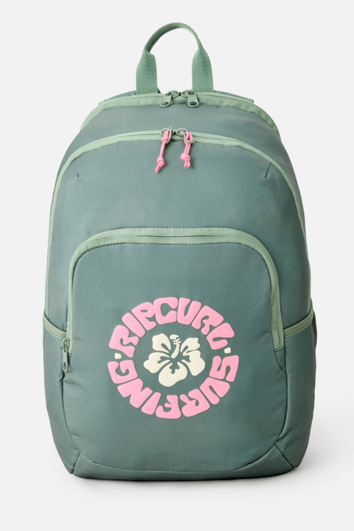 The Rip Curl Ozone 2.0 30L Backpack is green with a top handle, two zippered compartments, and pink zipper pulls. The front pocket shows a large pink and white "Rip Curl Surfing" logo around a hibiscus flower.