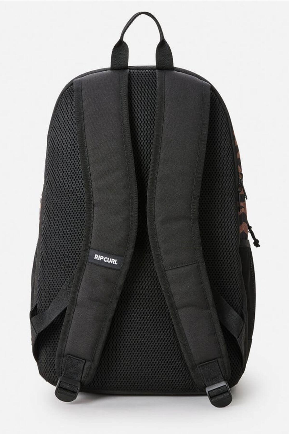The Rip Curl Ozone 2.0 30L Backpack in black is shown from the back, featuring padded adjustable shoulder straps, a mesh back panel, spacious organiser pockets, and a top carrying loop.