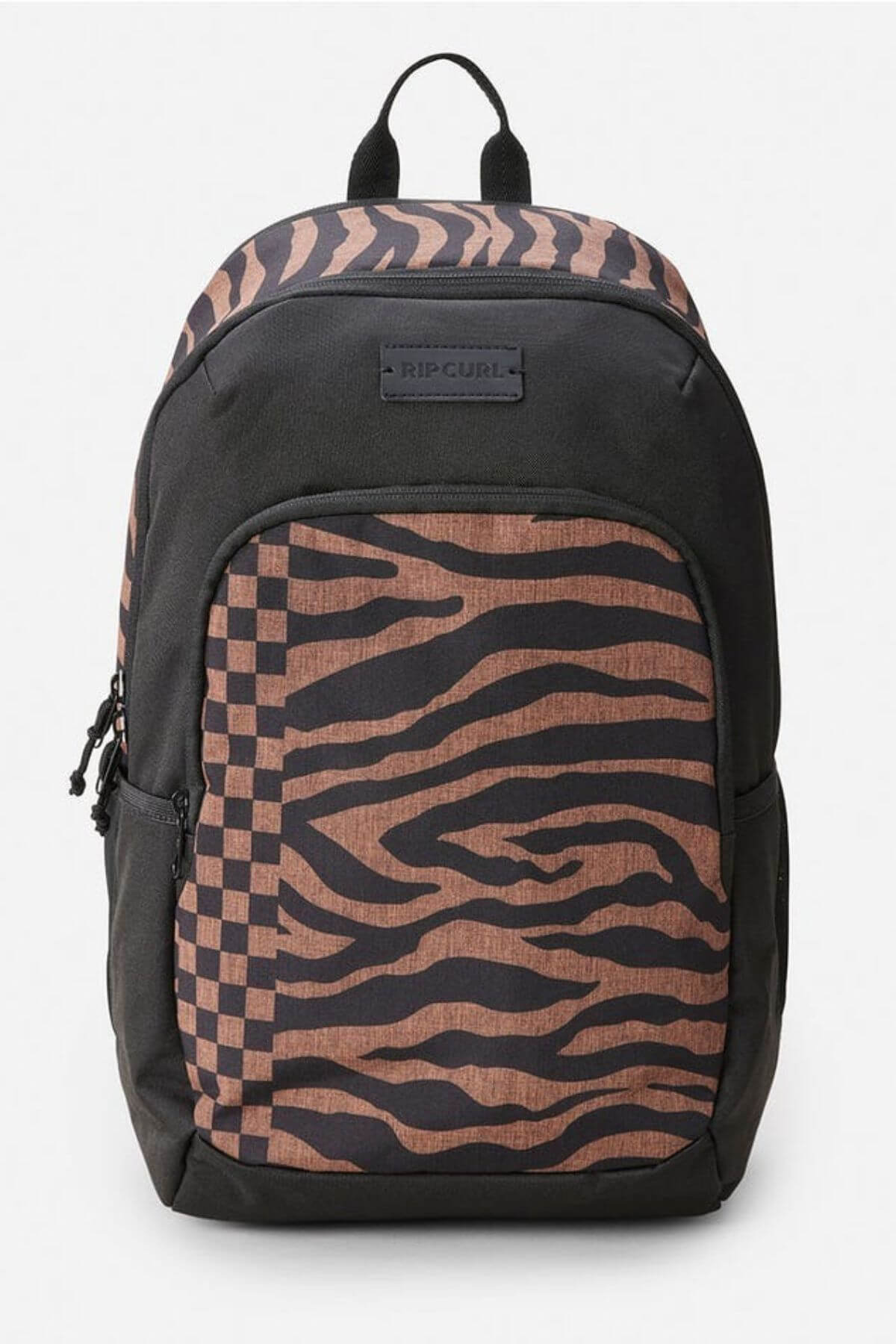 The Rip Curl Ozone 2.0 30L Backpack features a black design, spacious main compartment, large front pocket with brown and black zebra-checkerboard print, organiser pockets, top handle, and a "Rip Curl" logo patch.
