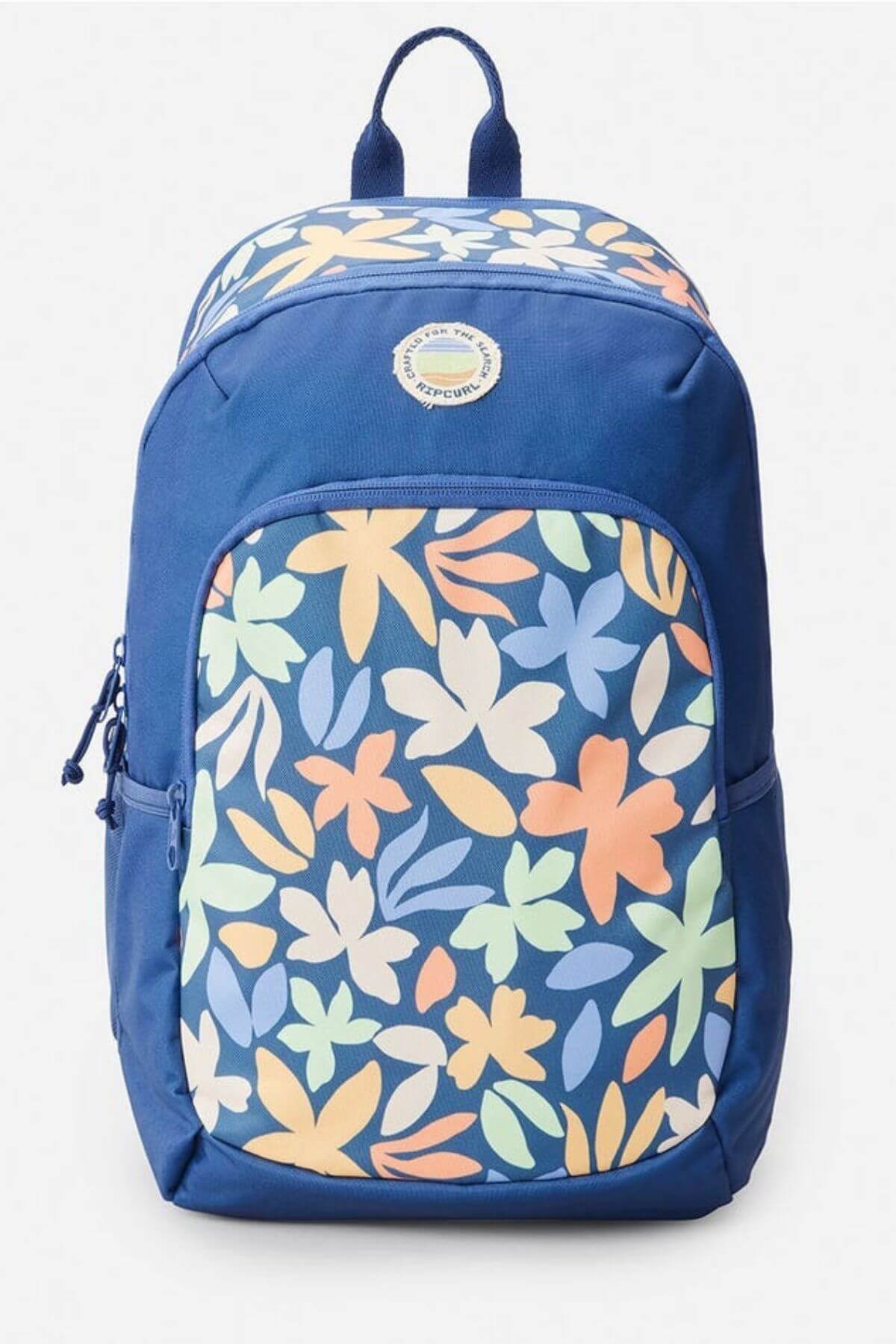 The Rip Curl Ozone 2.0 30L Backpack is blue with a front pocket, pastel floral top in orange, yellow, green, and white, top handle, zipper closures, and computer compatibility—ideal for everyday use.