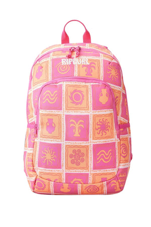 The Rip Curl Ozone 2.0 30L Backpack is a vibrant pink and orange school backpack made from recycled fabric, featuring a grid pattern with spirals, palm trees, and vases. It includes a front pocket and top handle with "RIP CURL" prominently displayed at the top.