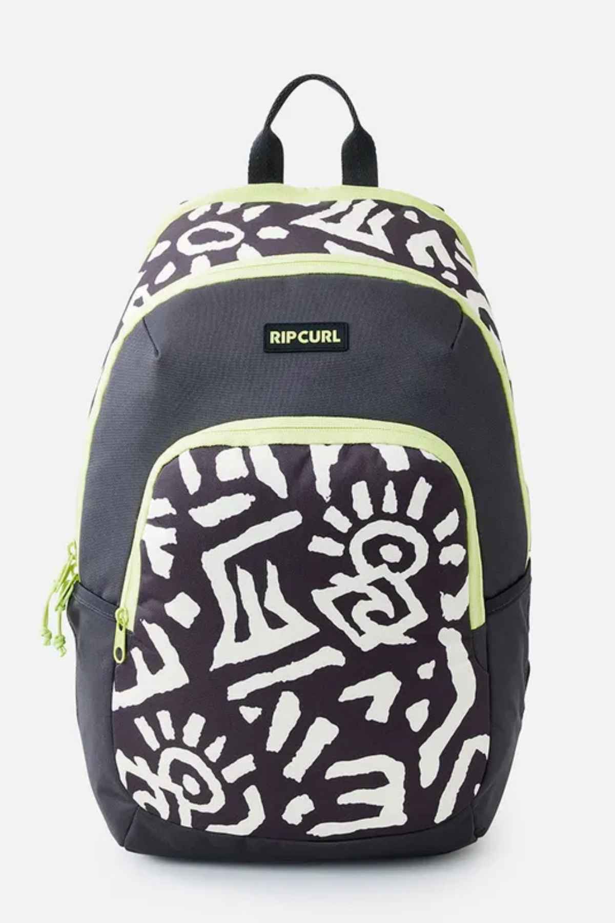 The Rip Curl Ozone 2.0 30L Backpack showcases an eye-catching black and white abstract design with vibrant lime green accents, making it an ideal choice for your next adventure. Made from durable polyester, it includes a front zippered pocket and a top handle for convenient carrying.