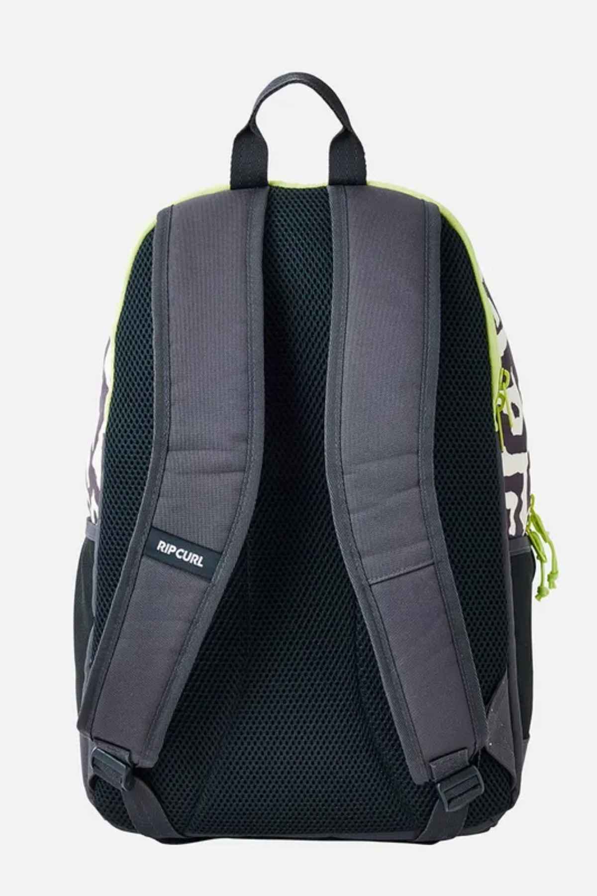 The Rip Curl Ozone 2.0 30L Backpack in black and neon green, ideal for adventures, is displayed from the back. Constructed from durable polyester, it includes padded shoulder straps and a breathable mesh back panel. The "Rip Curl" brand logo is proudly displayed on one strap.