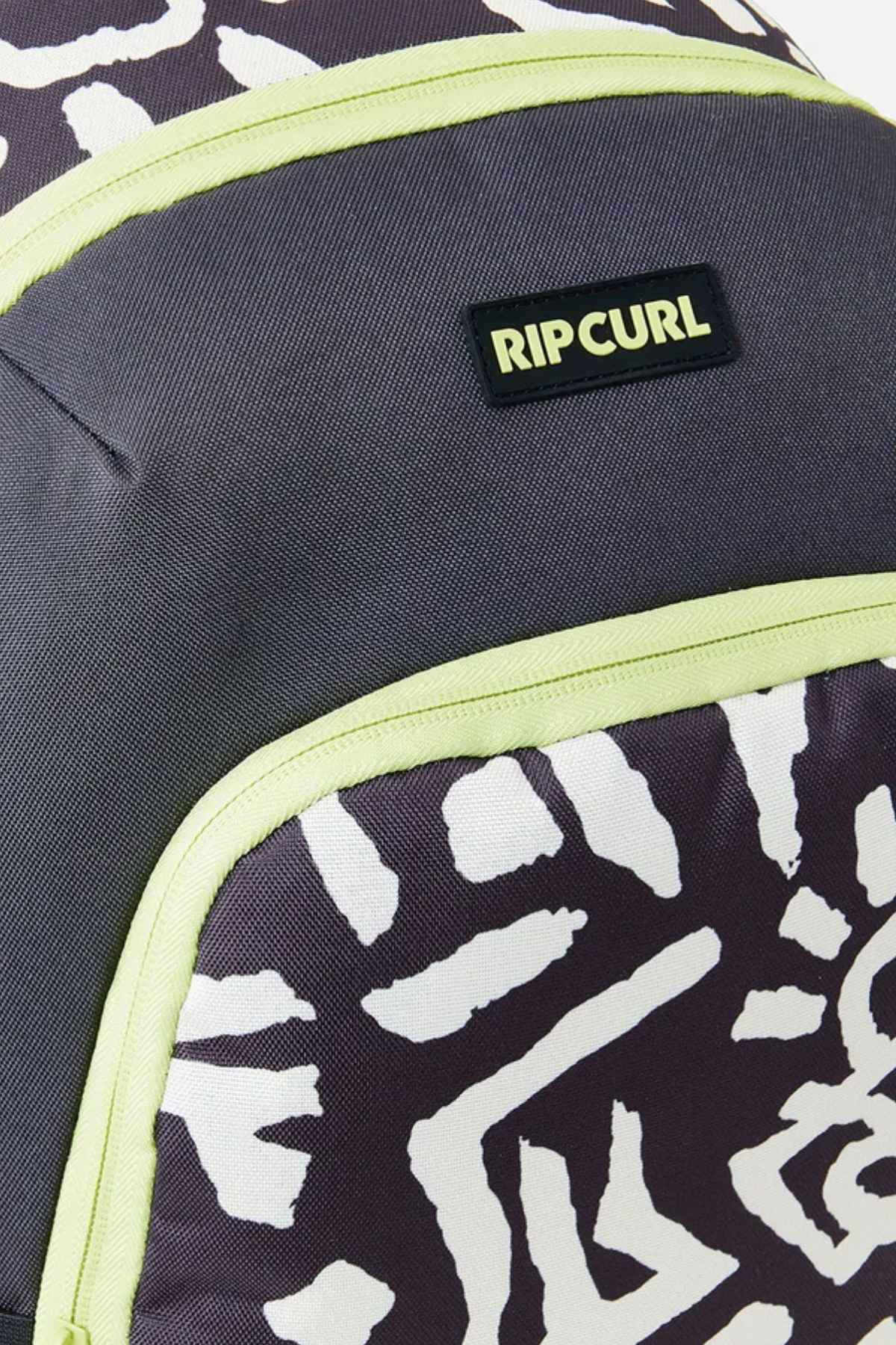 Close-up of the Rip Curl Ozone 2.0 30L Backpack showcasing its dark design with light abstract patterns and lime green trim. The brand's logo is prominently displayed on a black patch near the top, making this polyester backpack perfect for any journey.