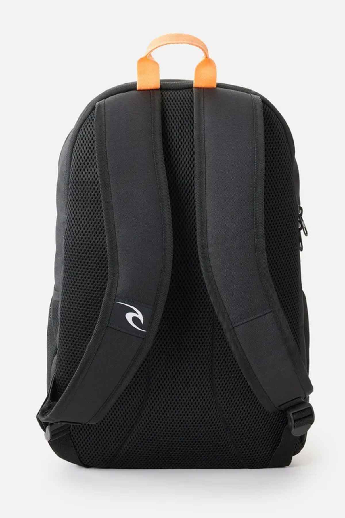 The Rip Curl Ozone 30L Back To School Backpack is presented against a plain white background. It features a black design, padded shoulder straps, a mesh backing for comfort, and an eye-catching orange carrying handle at the top. A small logo is subtly placed on one of the straps to complete its stylish look when zipped shut.