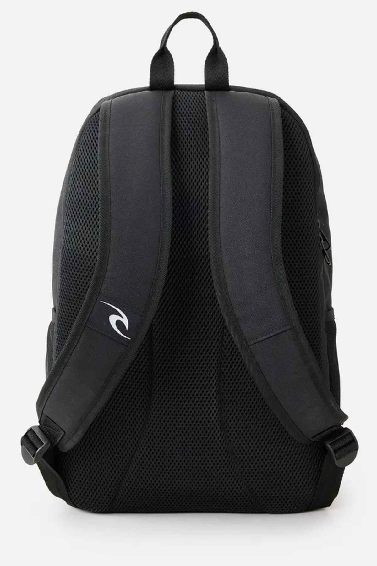 The Rip Curl Ozone 30L Back To School Backpack is designed for school or travel, featuring padded shoulder straps with a small logo on the left strap. It includes a breathable mesh back panel and a convenient carrying handle on top, making it both functional and stylish.