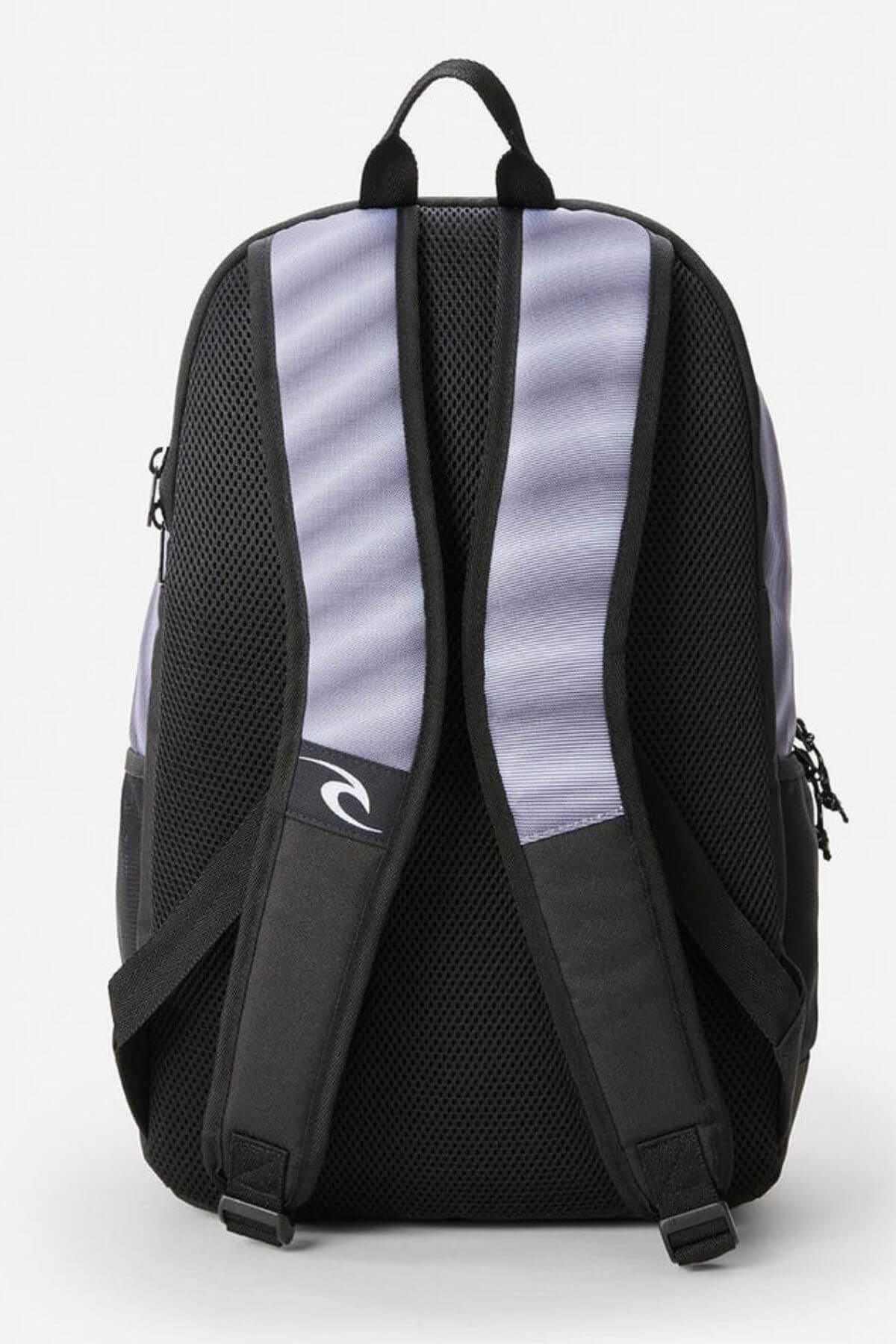 The Rip Curl Ozone 30L Faded Slant Backpack combines style with its black and grey design featuring a small white wave logo. It ensures comfort with padded, breathable mesh shoulder straps and a top handle, plus a dedicated back view laptop section for secure storage.