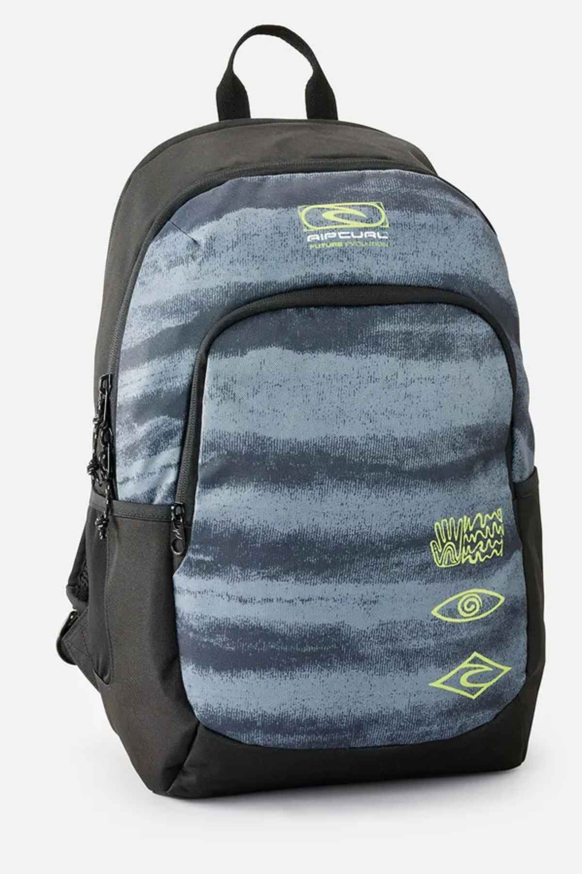 The Rip Curl Ozone 30L School Backpack, crafted from recycled polyester, showcases a gray and black design with abstract patterns and a logo on the front pocket. It includes a spacious 30L main compartment, side mesh pockets, a top handle, and has green and yellow accents for added flair.