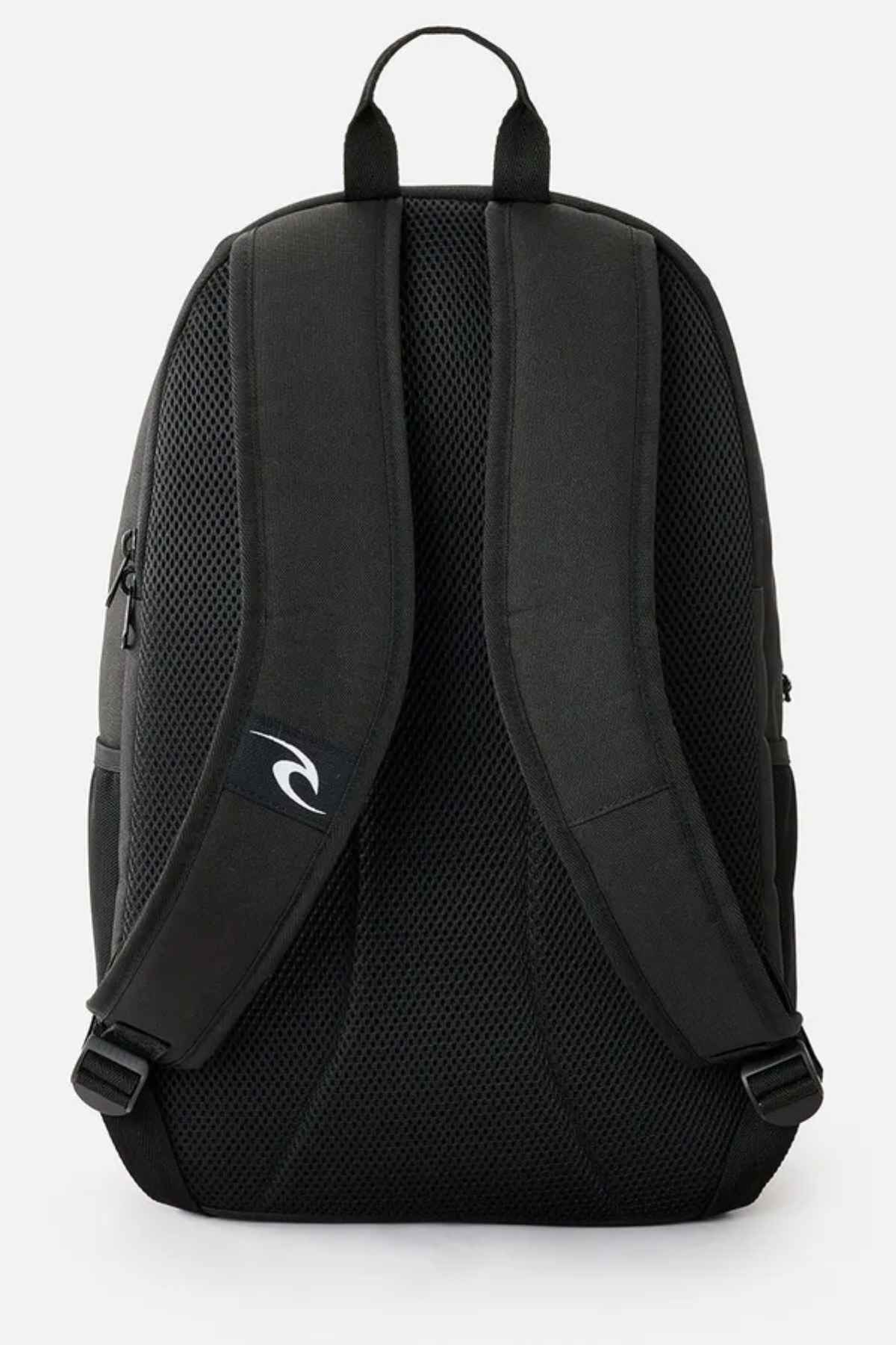 The Rip Curl Ozone 30L School Backpack in black is made from recycled polyester and features padded shoulder straps and a mesh back for enhanced comfort. It has a small logo on one strap and includes a practical top handle, making it ideal for simple yet functional everyday use.