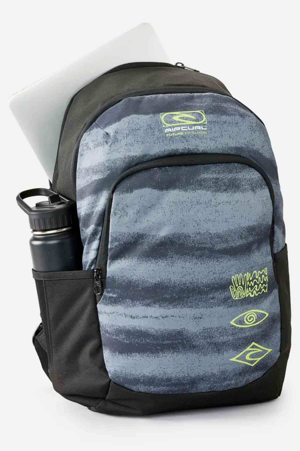 The Rip Curl Ozone 30L School Backpack, made from recycled polyester, features a black and gray pattern with lime green accents. Designed for school use, it has multiple pockets, including a top compartment for a laptop and a side pocket perfect for holding a black water bottle. The image is set against a plain white background.