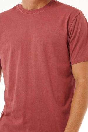 A person is modeling the Rip Curl Plain Wash Tee, a simple red cotton shirt with short sleeves, reflecting a casual style against a light background. The image focuses on the upper body, cropped at the shoulders and waist.