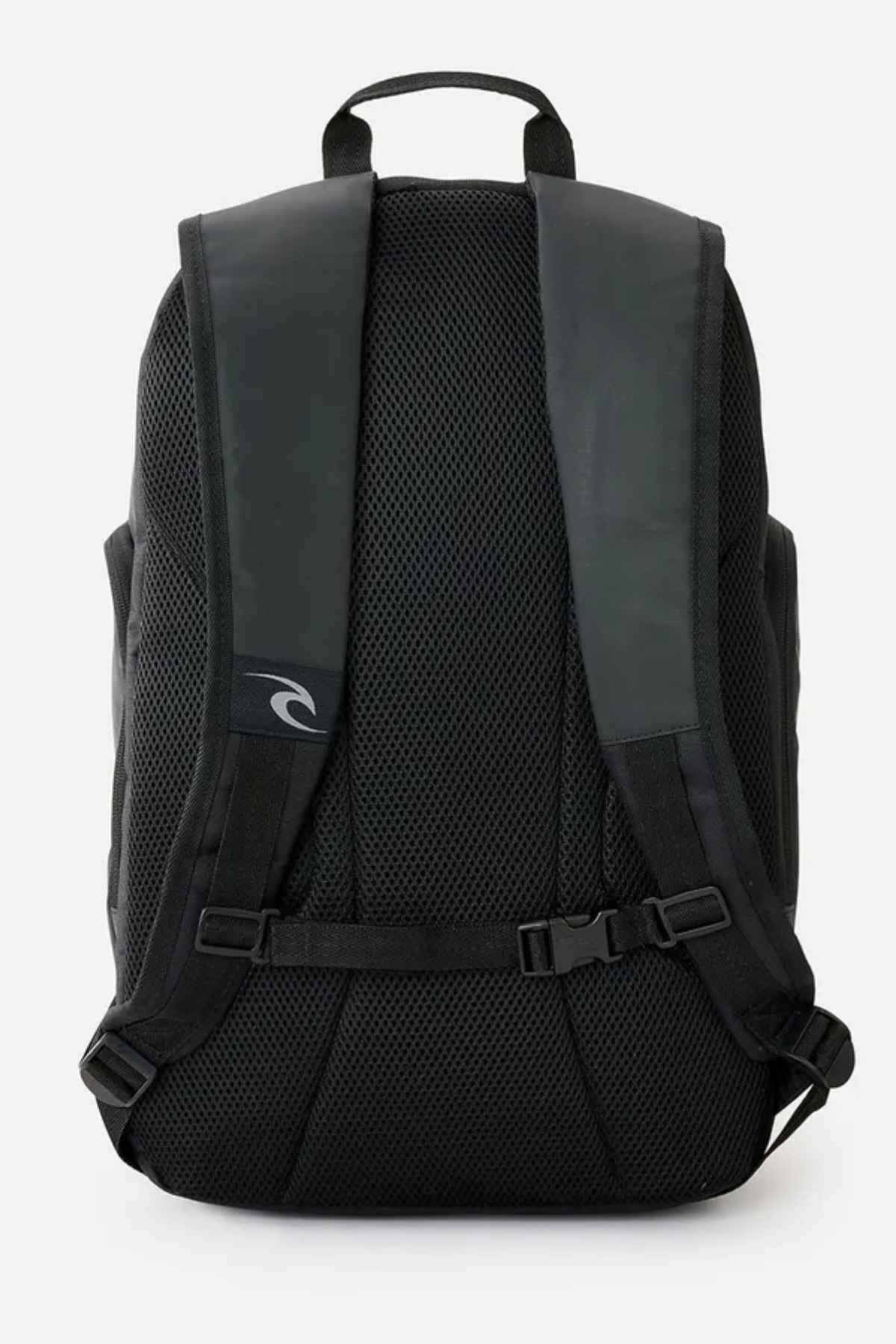 The Rip Curl Posse 33L Icons Backpack is made from recycled polyester and includes a laptop compartment, mesh padding on the back, and adjustable shoulder straps. It features a small logo on one strap and has a buckle across the lower back for enhanced support.
