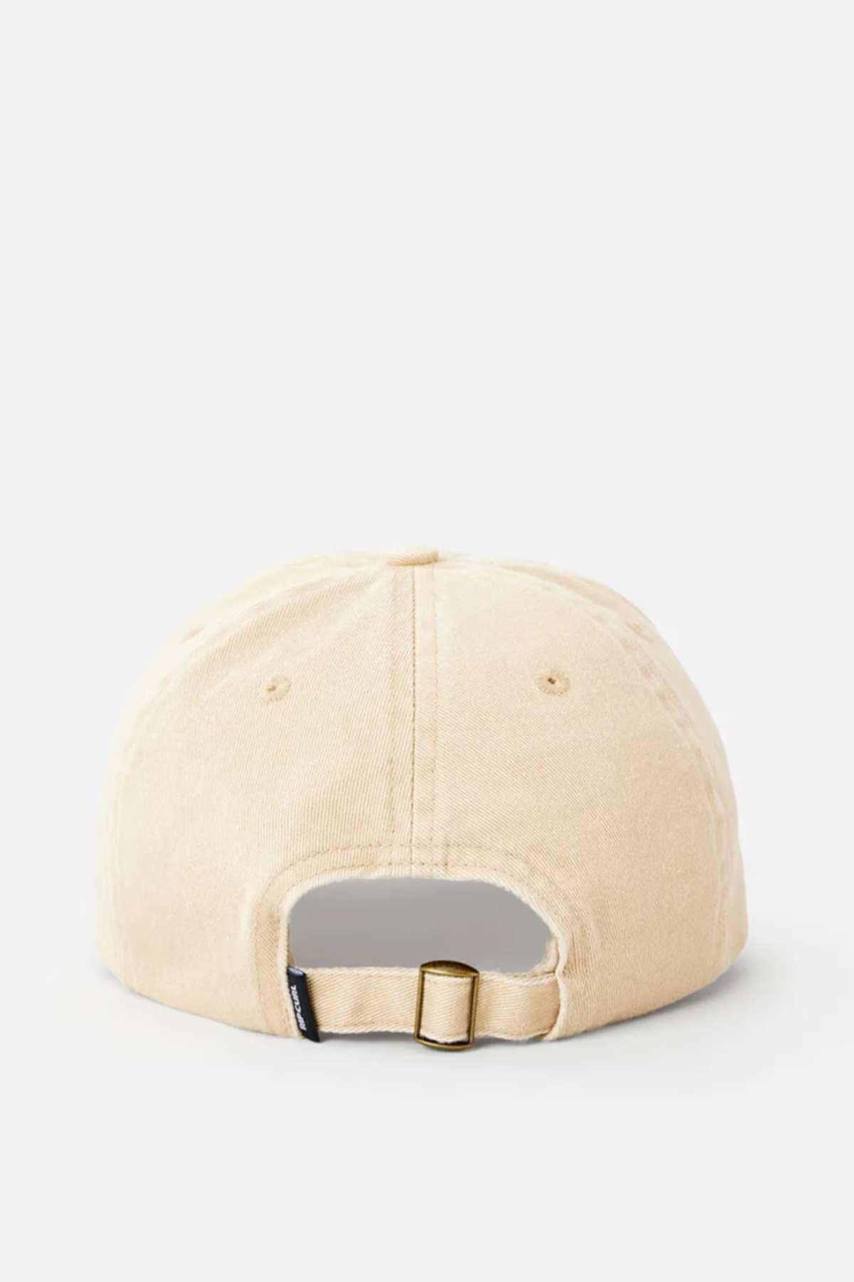 The Rip Curl Premium Surf Cap in beige is shown from the back, displaying an adjustable strap with a metal buckle and a small black tag—perfect for outdoor adventures, set against a plain light background.