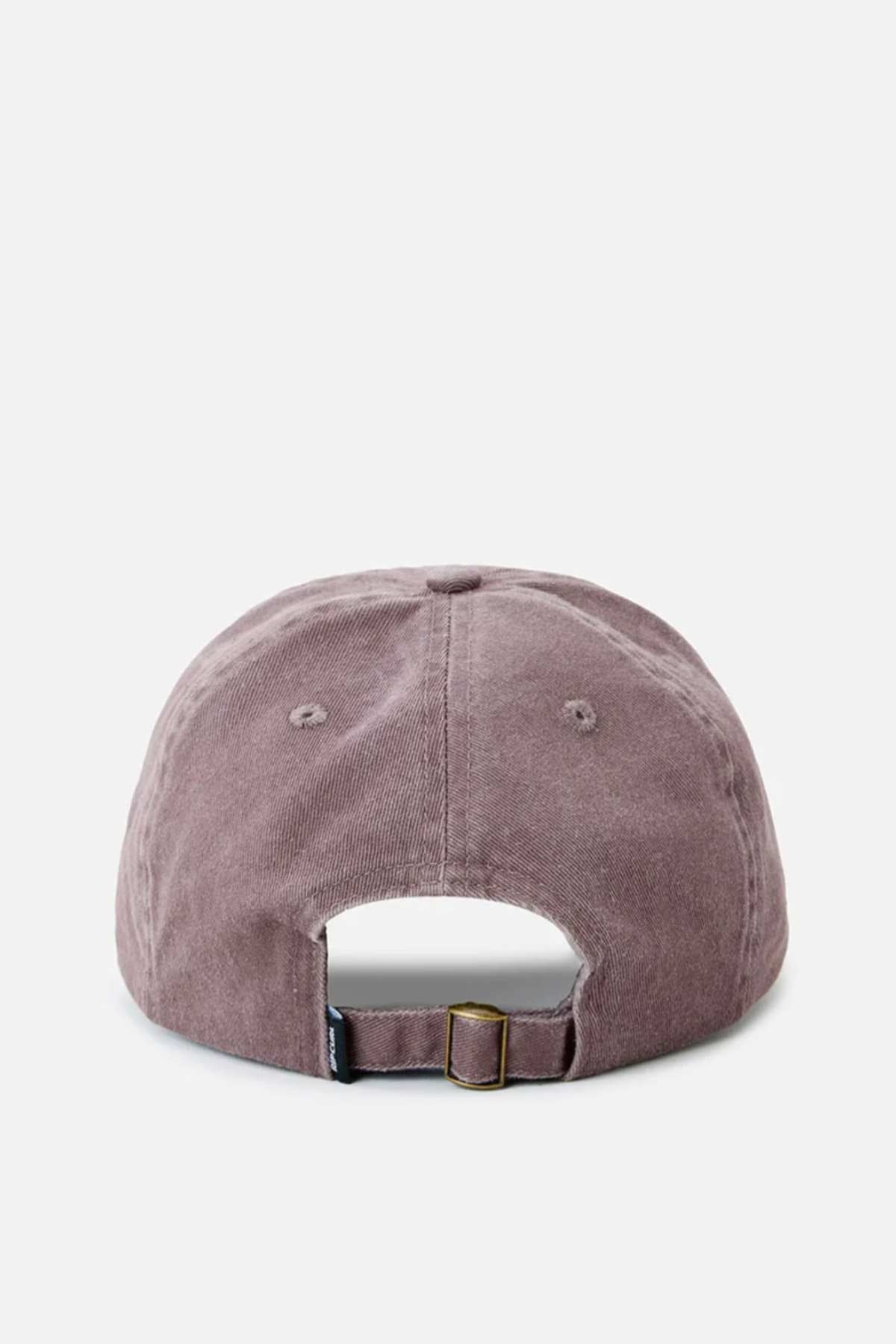 A rear view of the Rip Curl Premium Surf Cap reveals an adjustable strap with a metal buckle and an open hole at the back. Crafted from 100% cotton twill, this brown cap showcases textured fabric that appears slightly worn, enhancing its casual and vintage appeal ideal for outdoor adventures.