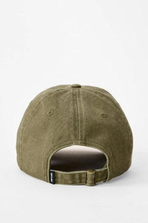 The Rip Curl Premium Surf Cap in olive green is displayed from the back, highlighting its adjustable fabric strap with metal clasp and a small black tag on the left side, set against a plain white background.