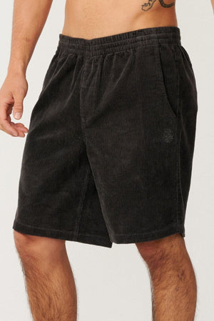 A person is wearing the Rip Curl Premium Surf Cord 19" Volley shorts with an elastic waistband, standing against a light background. Only their lower torso and upper legs are visible.