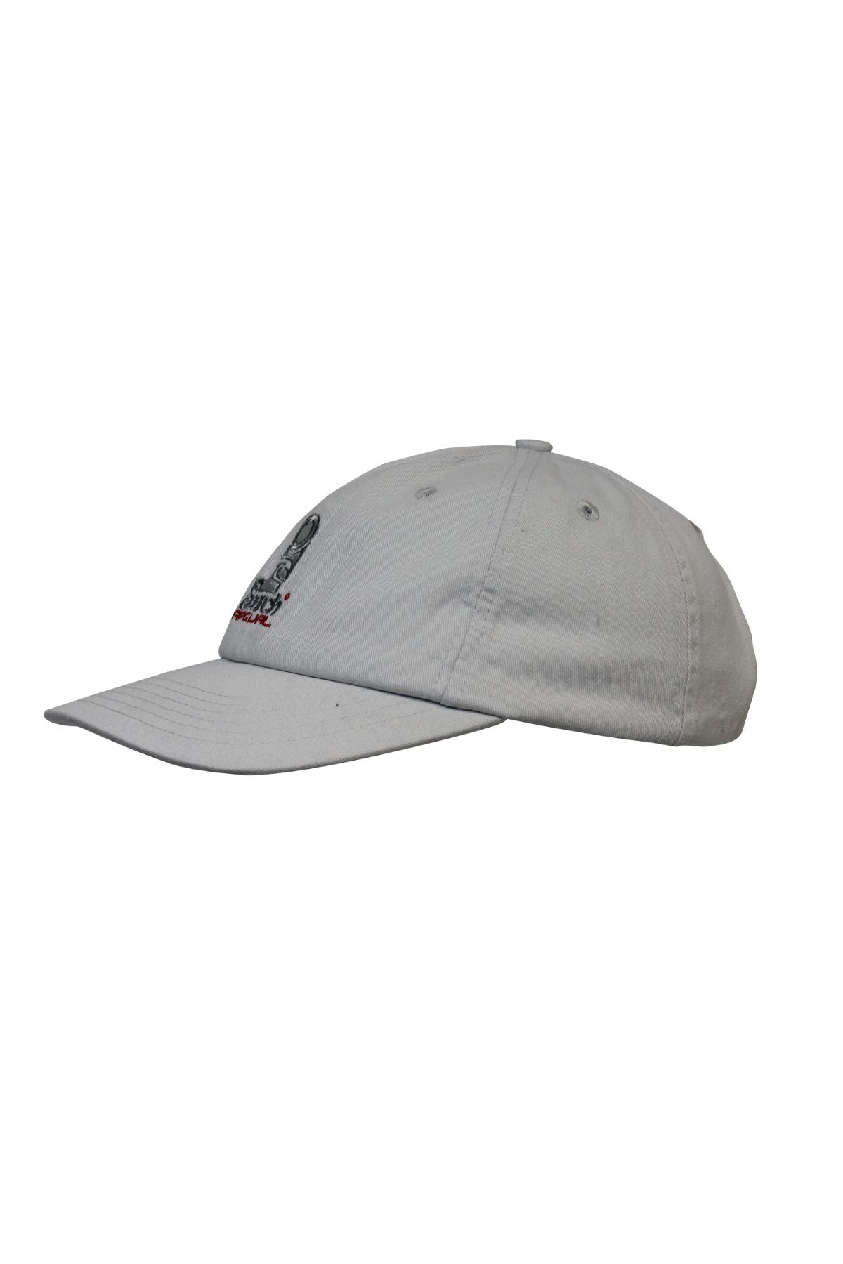 The Rip Curl Searchers SB Cap is a light gray cotton twill cap with a curved brim, visible stitching, eyelets, and a small embroidered logo with partial text on the front, shown from the side.