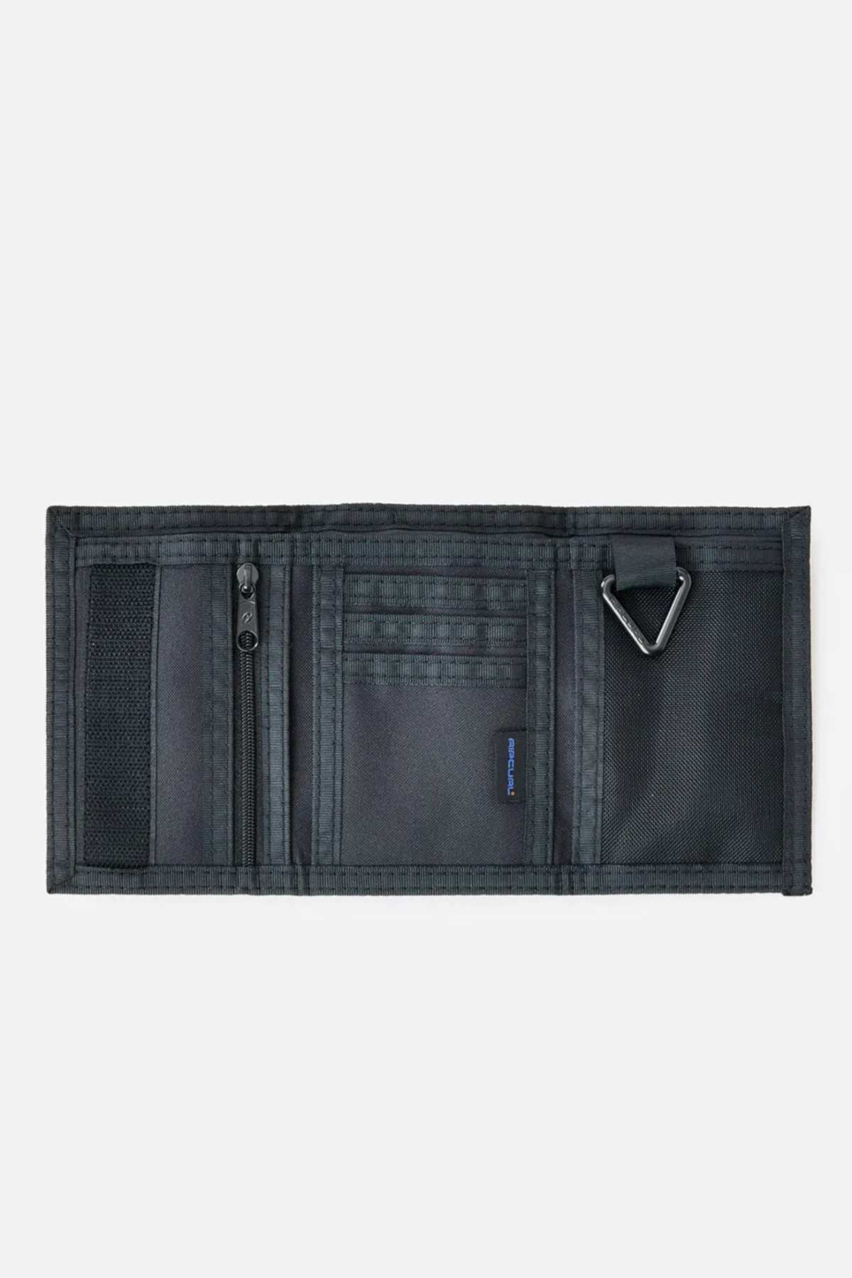 A black Rip Curl Search Surf Wallet is open on a white background, showing its tri-fold design with multiple compartments, zippered pocket, card slots, mesh pocket, and metal D-ring—ideal for beach-goers.