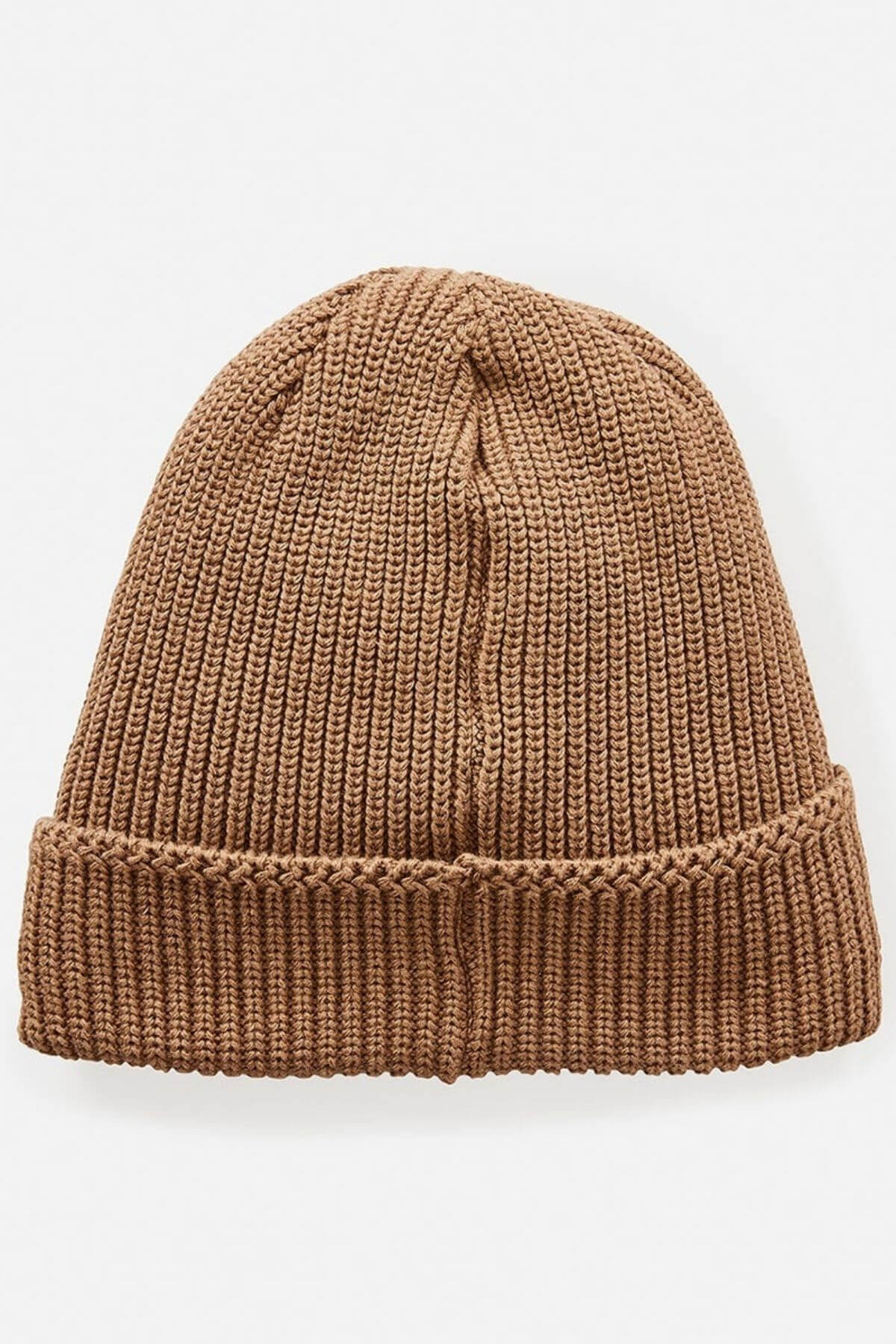 The Rip Curl Searchers Regular Beanie is a brown knitted hat with a folded brim and surf-inspired style, shown on a white background.
