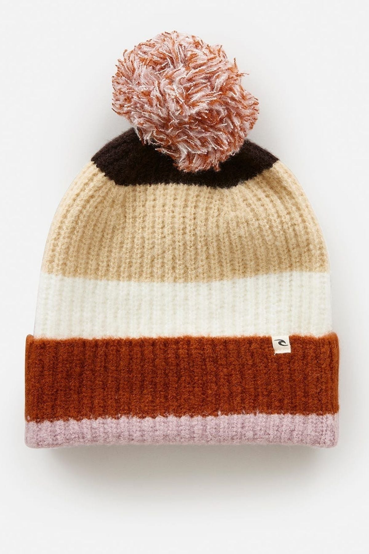 The Rip Curl Sessions Regular Pom Pom Beanie features knit construction with horizontal stripes in pink, rust, cream, beige, and brown. It’s finished with a multicolored pom-pom and a small white tag on the folded edge—ideal for winter outfits.
