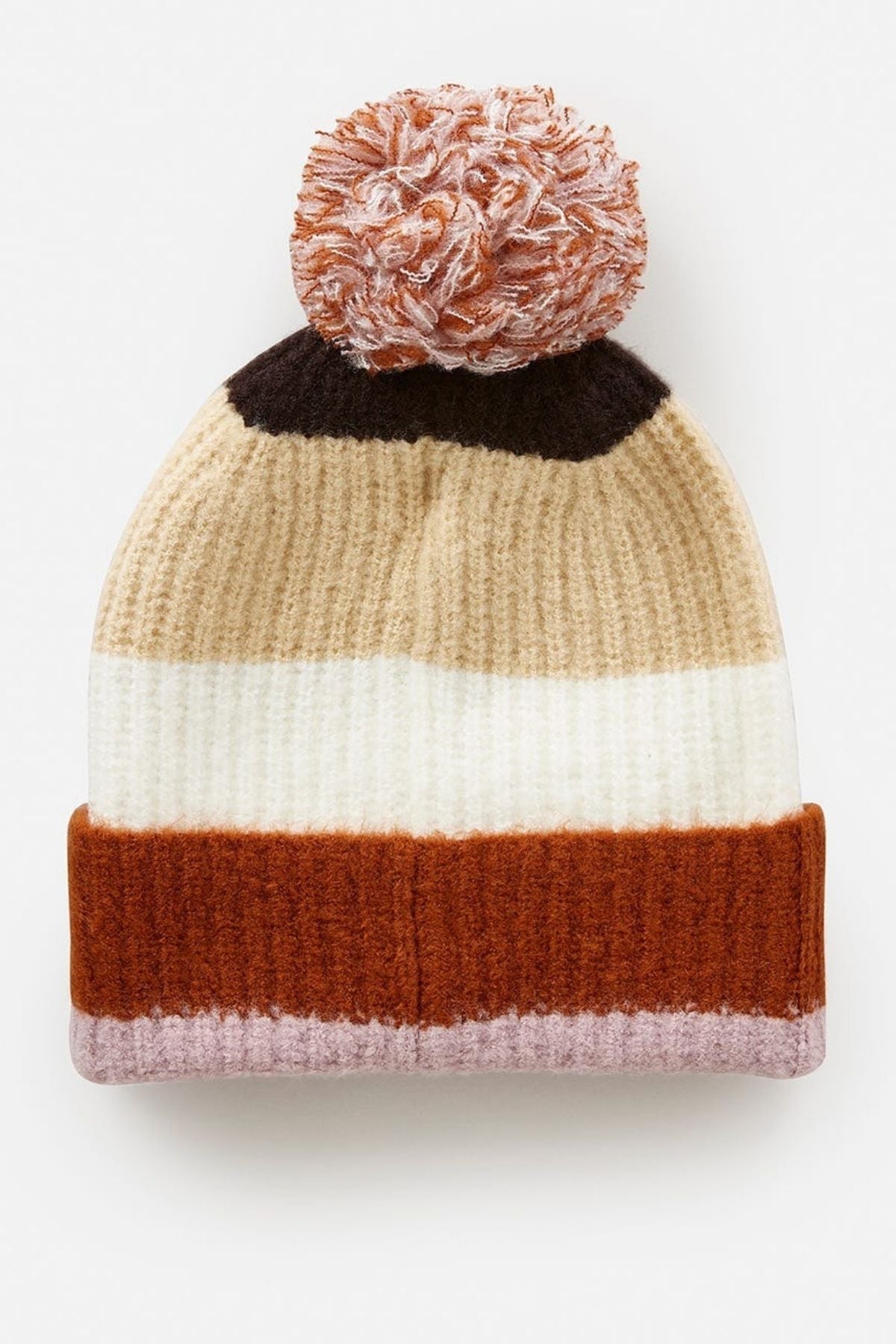 The Rip Curl Sessions Regular Pom Pom Beanie features knit construction with horizontal stripes in beige, cream, orange, and pink, topped by a multicolored pom-pom—perfect for finishing your winter look.