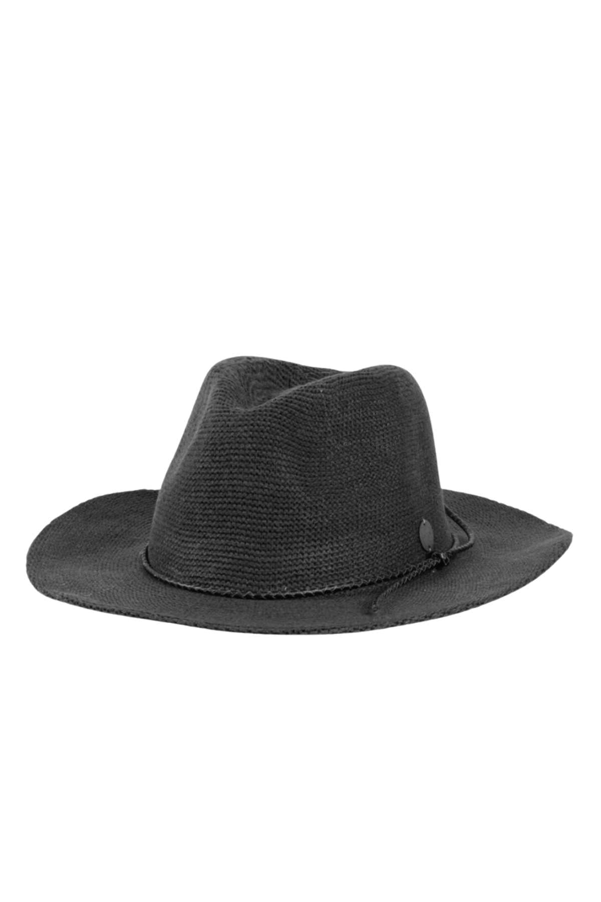 The Rip Curl Spice Temple Knit Panama Hat in black features a wide-brimmed fedora style with a textured surface, indented crown, and small knot detail on the band, perfect for those who appreciate sleek and understated elegance.