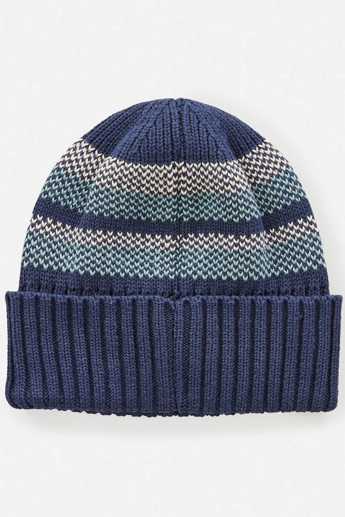 The Rip Curl Surf Revival Stripe Regular Beanie features a wide ribbed cuff in solid navy and jacquard stripes in blue, white, and teal.