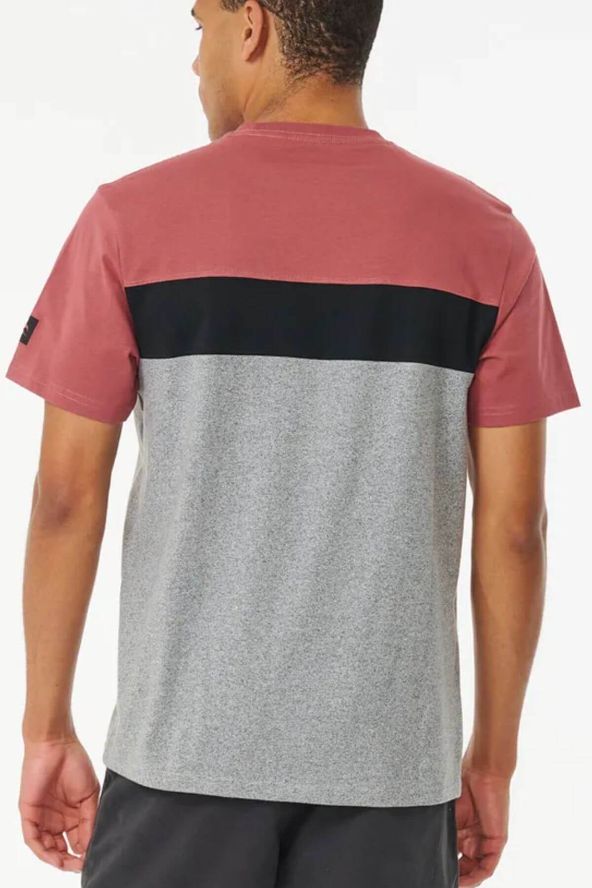 A man stands with his back to the camera, wearing a Rip Curl Undertow Panel Tee featuring mauve sleeves and upper back, a black horizontal stripe, and a heather gray lower section.