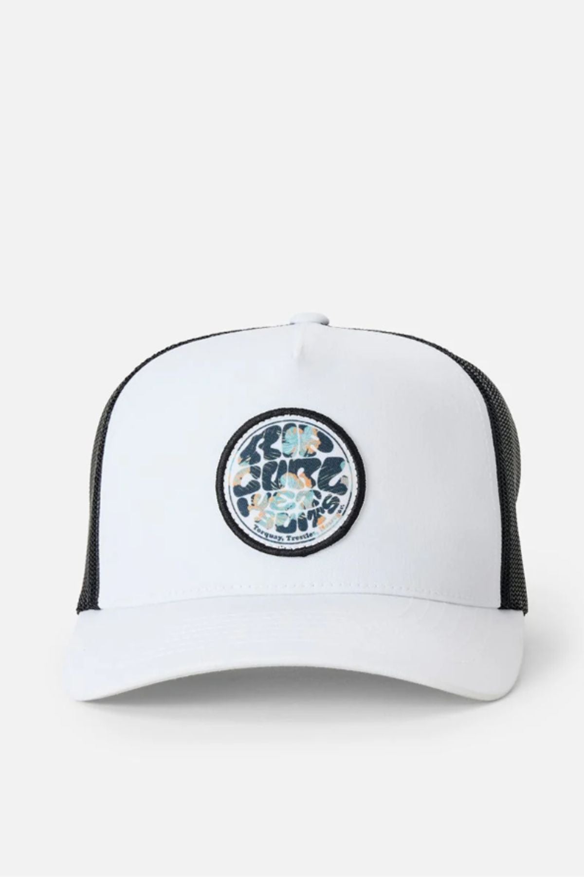 The Rip Curl Wetsuit Icon Trucker is a white cap with a black mesh back and a round, multicolored abstract patch on the front—perfect for outdoor activities.